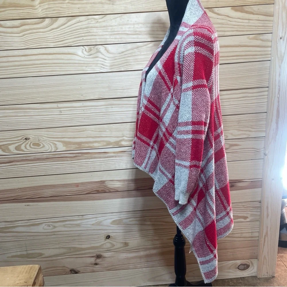 Open front cardigan gray and red winter cover up asymmetrical womens large - Picture 5 of 7